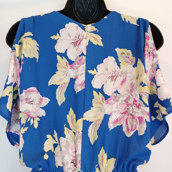 ASTR THE BRAND WMN'S Sz S Floral Cold Sholder V Neck Wrapped Lined Romper Summer - Picture 8 of 11